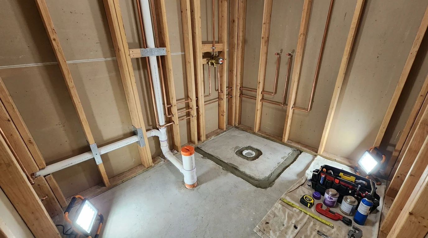 Bathroom rough-in plumbing during remodel by Johns Plumbing LLC in Nokomis