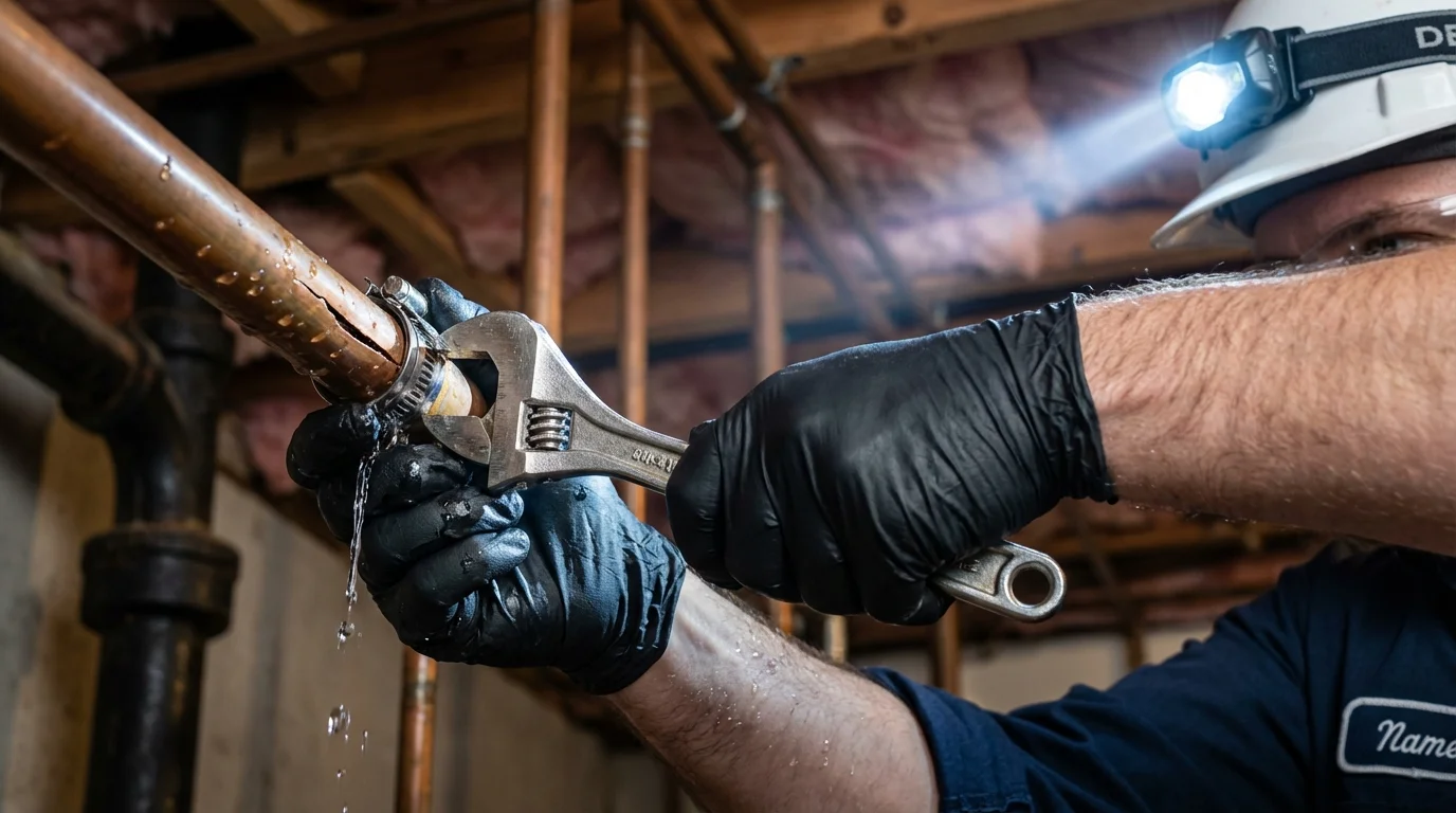 Emergency pipe clamp repair being performed by a Johns Plumbing LLC plumber in Nokomis