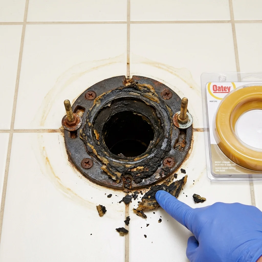Failed wax ring showing water seepage at the base of a toilet in a Nokomis, IL home