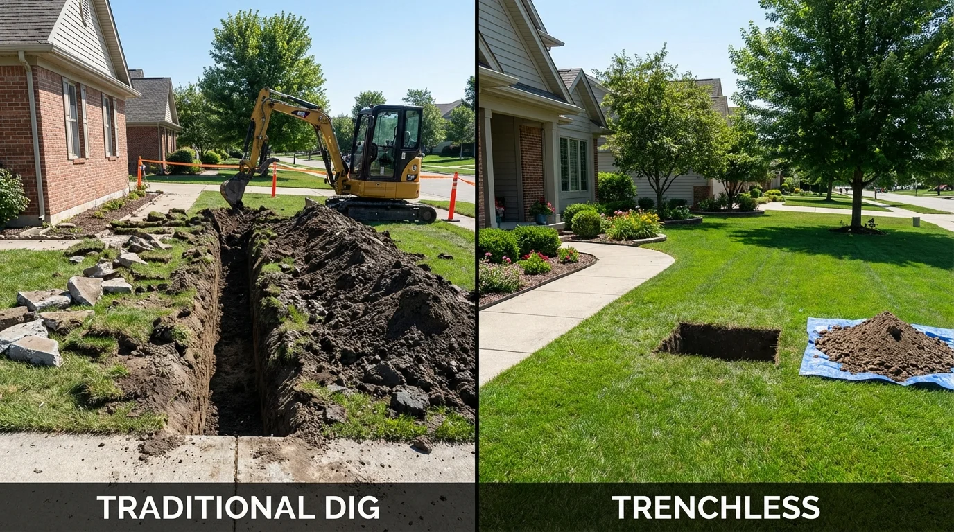 Trenchless sewer repair with minimal yard damage versus traditional excavation in Nokomis, IL