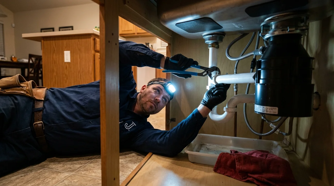 P-trap and supply line connections under a kitchen sink showing a common leak point in Nokomis, IL